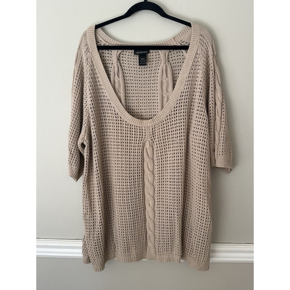 Lane Bryant Cable Open Knit Sweater Women's Plus Size 26/28 Short Sleeve Beige